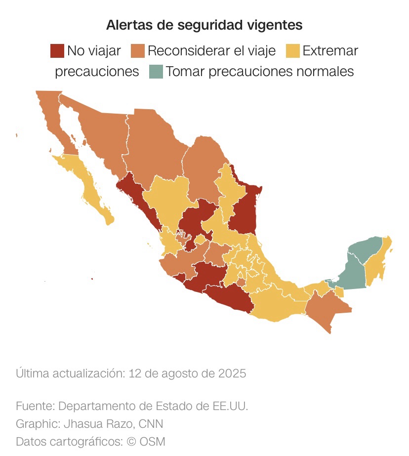 Estados Unidos emite alerta de viaje para 30 estados de la República Mexicana por motivos de seguridad